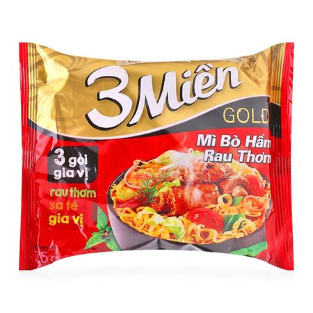 Mì 3 Miền Gold bò hầm rau thơm gói 75g (Thùng 30 gói)